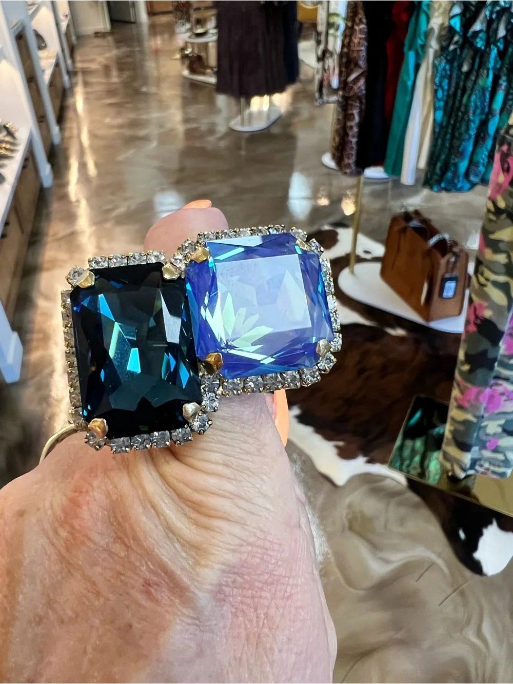 Statement Square Cut Double Cocktail Ring in Deep Teal and Iridescent Blue
